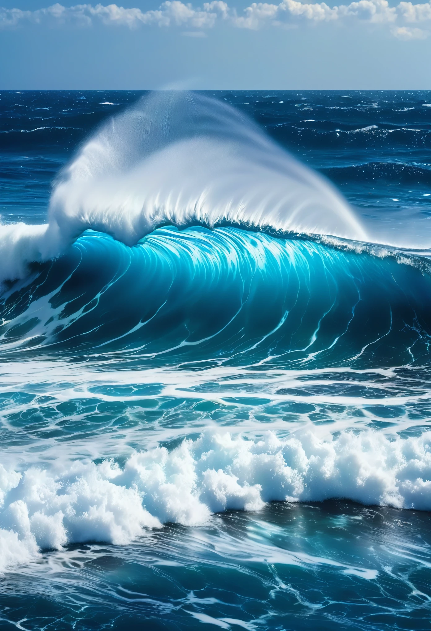 There was a big wave rushing into the sea with a blue sky, detailed swirling water tornado, middle of the ocean, water powers water swirling, photo of the middle of the ocean, swirling water cosmos, Water Swirls, Ripple-like waves, cloud vortex, Pristine waves rippling, blue crashing waves, wild ocean background