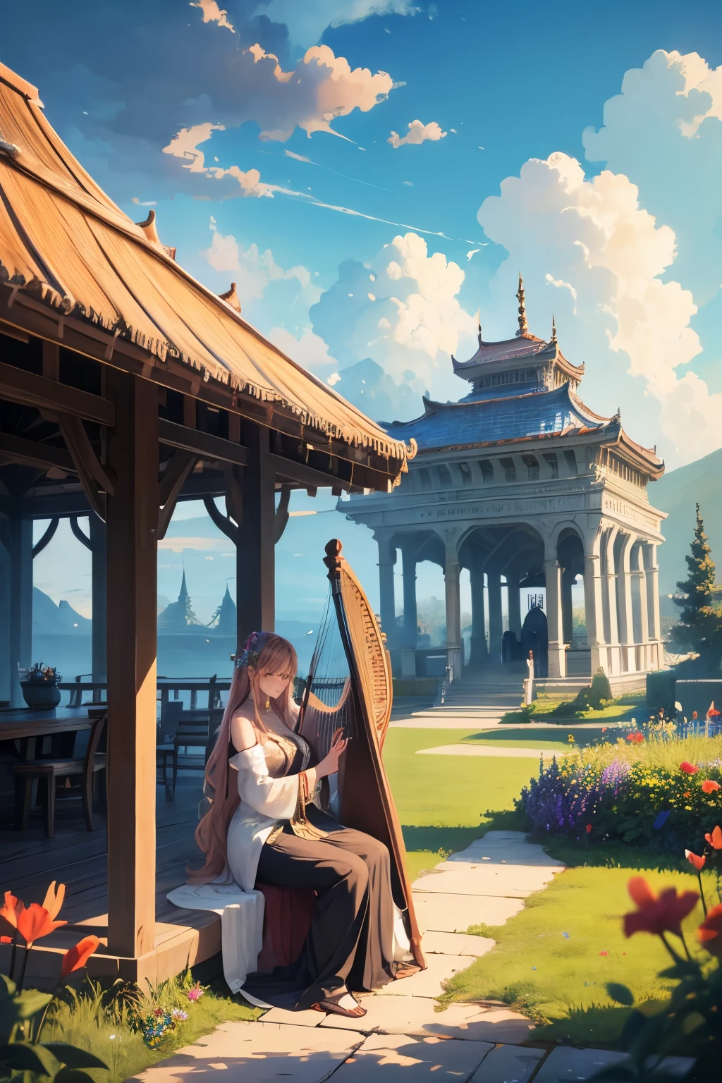 "oil, ((Mysterious Girl)), The sound of a harp echoing through the air, A pavilion surrounded by wildflowers, ((Dramatic cloud formation)), A rich palette, Fantasy World, Magical Aura"