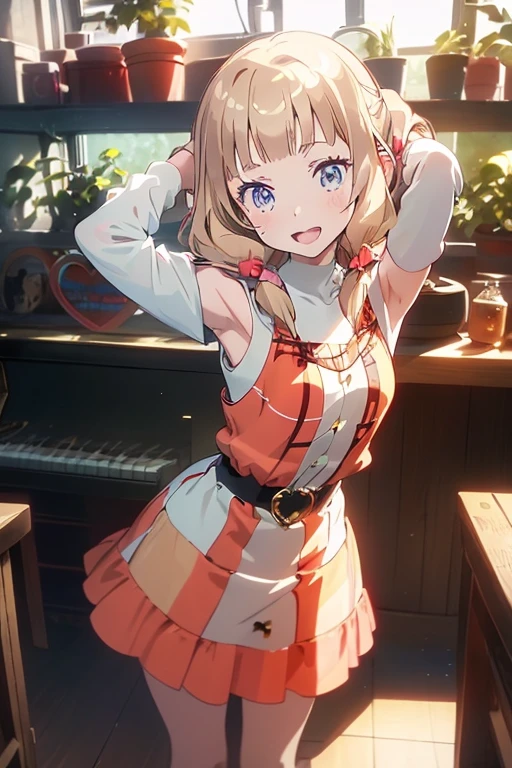 ((Masterpiece)), (Anime:1.5), ((best quality)), (super detail:1.2), (High Definition:1.3), (High Definition:1.3), (Professional Photography:1.2), (()), cinematic lighting, cute teenage girl, Plaid dress, (Off-Shoulder dress), hoop dress, bow, pale blonde hair, (lolita fashion), (Vibrant Pose), exposed bare shoulder and arms, lolita style, (looking at another), cute smile, open mouth, pretty, portrait of lolita girl, emo style, red checker, (against the giant greenhouse), ribbon belt, ((spoken heart)), (sharp focus), (perfect light),