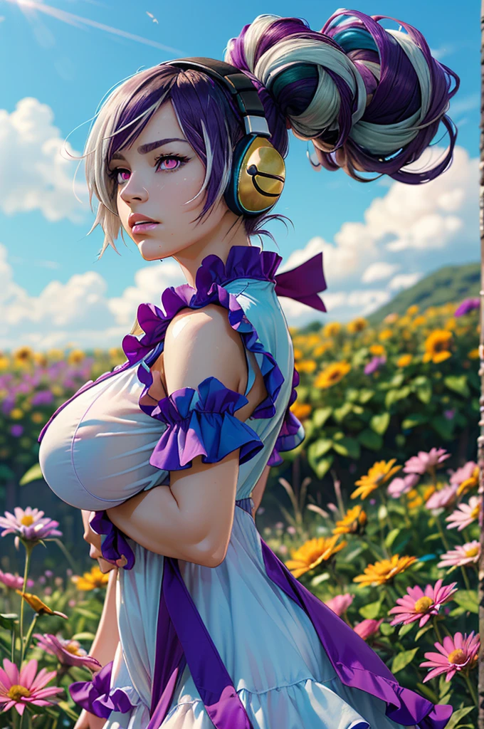 (ultra realistic,32k, masterpiece:1.2),(high detailed skin:1.1),( high quality:1.1),
haehyun kum, hair bun,headphones, (frustrated:1.1),multicolored hair, purple hair, white hair and pink eyes,outside flower field,(layered ruffle dress:1.1), sleeveless,  colorful flowers, sunshine,sky, clouds, blurry background,,fighting pose, (huge breast,large breast:1.1),(lighting:1.1),