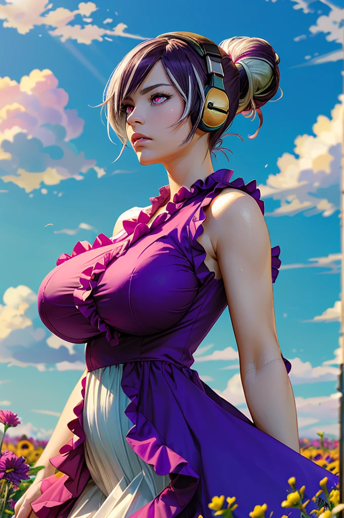 (ultra realistic,32k, masterpiece:1.2),(high detailed skin:1.1),( high quality:1.1),
haehyun kum, hair bun,headphones, (frustrated:1.1),multicolored hair, purple hair, white hair and pink eyes,outside flower field,(layered ruffle dress:1.1), sleeveless,  colorful flowers, sunshine,sky, clouds, blurry background,,fighting pose, (huge breast,large breast:1.1),(lighting:1.1),