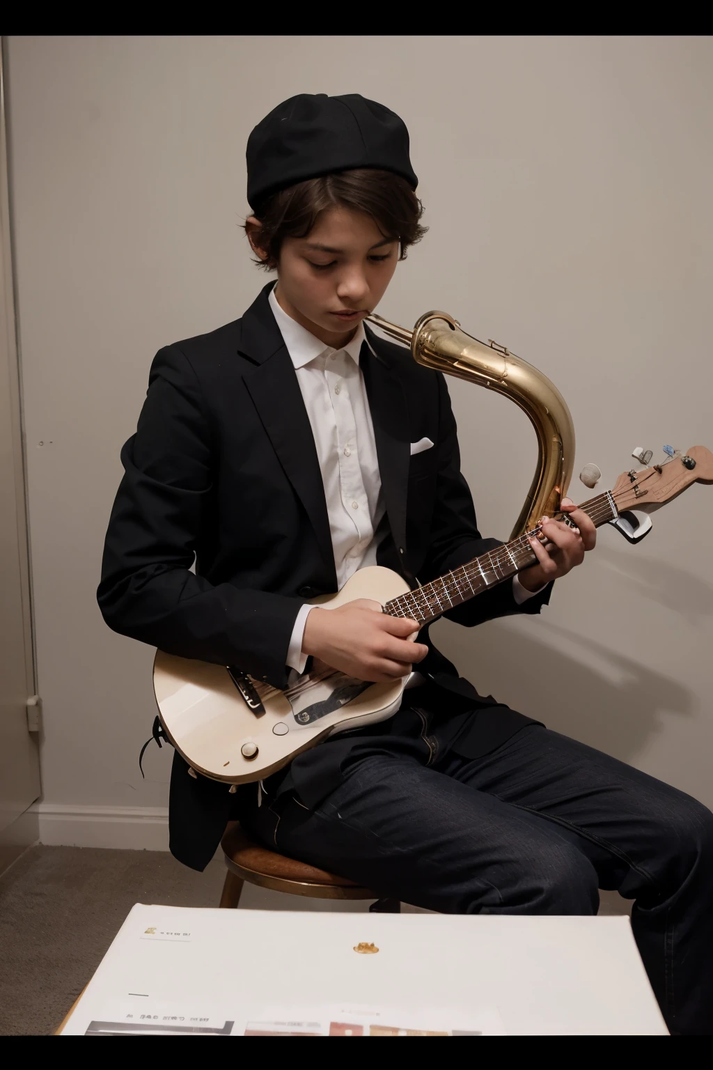 Drawing of a 13 year old boy in a black formal suit and black jean hat, tocando la trompeta, de perfil