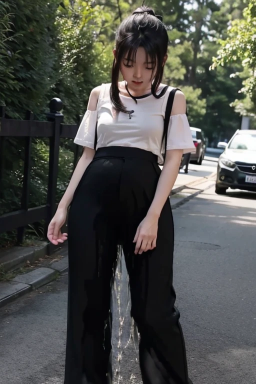 Japanese Girl wearing a white short-sleeved t-shirt sees the ghost and pees her black palazzo pants until her pants are wet in fright.