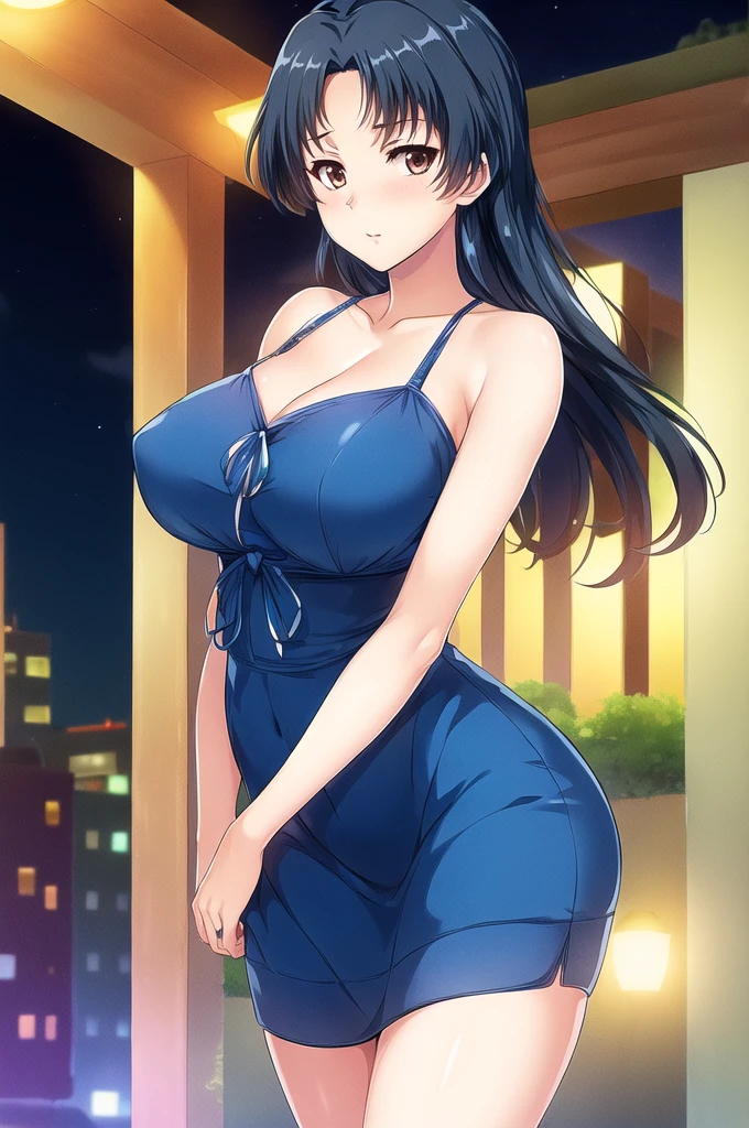 (Night:1.7), Cyberpunk_CityView, Before Window,
(Standing:1.7) at attention,
Blue_dress ,bare_shoulders, collarbone,
bare legs,
black_hair,brown_eyes,hair_ornament,hairclip,side ponytail, single braid, Bangs,
1 girl, 20yo,mature female,Beautiful Finger,Beautiful long legs,Beautiful body,Beautiful Nose,Beautiful character design, perfect eyes, perfect face,
looking at viewer, (innocent_big_eyes:1.0),(expressionless:1.3),
NSFW,official art,extremely detailed CG unity 8k wallpaper, perfect lighting,Colorful, Bright_Front_face_Lighting,
(masterpiece:1.0),(best_quality:1.0), ultra high res,4K,ultra-detailed,
photography, 8K, HDR, highres, absurdres:1.2, Kodak portra 400, film grain, blurry background, bokeh:1.2, lens flare, (vibrant_color:1.2)
(Beautiful,large_Breasts:1.4), (beautiful_face:1.5),(narrow_waist),