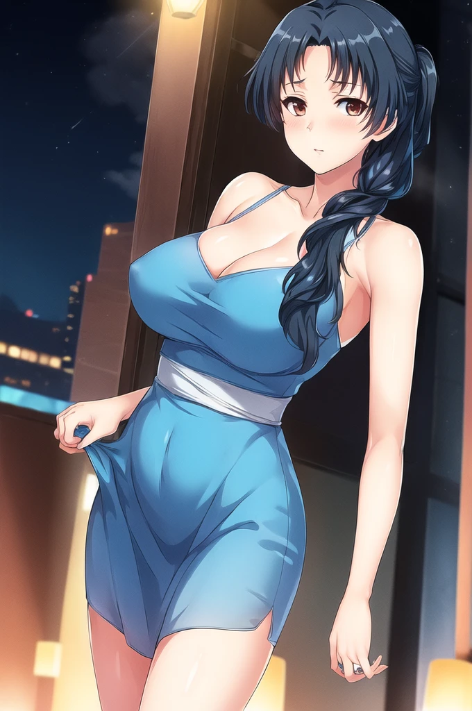 (Night:1.7), Cyberpunk_CityView, Before Window,
(Standing:1.7) at attention,
Blue_dress ,bare_shoulders, collarbone,
bare legs,
black_hair,brown_eyes,hair_ornament,hairclip,side ponytail, single braid, Bangs,
1 girl, 20yo,mature female,Beautiful Finger,Beautiful long legs,Beautiful body,Beautiful Nose,Beautiful character design, perfect eyes, perfect face,
looking at viewer, (innocent_big_eyes:1.0),(expressionless:1.3),
NSFW,official art,extremely detailed CG unity 8k wallpaper, perfect lighting,Colorful, Bright_Front_face_Lighting,
(masterpiece:1.0),(best_quality:1.0), ultra high res,4K,ultra-detailed,
photography, 8K, HDR, highres, absurdres:1.2, Kodak portra 400, film grain, blurry background, bokeh:1.2, lens flare, (vibrant_color:1.2)
(Beautiful,large_Breasts:1.4), (beautiful_face:1.5),(narrow_waist),