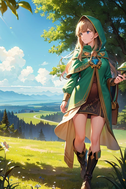 a beautiful young woman with long brown hair, piercing blue eyes, and delicate facial features, wearing a green tunic, brown leather boots, and a hooded cloak, standing in a lush, verdant forest landscape with towering trees, a winding river, and a majestic castle in the distance, (best quality,4k,8k,highres,masterpiece:1.2),ultra-detailed,(realistic,photorealistic,photo-realistic:1.37),detailed fantasy landscape,cinematic lighting,vibrant colors,fantasy,adventure masterpiece, best quality, high quality, Very detailed CG uniform 8k wallpaper, blossoming landscape, dry place,such as an empty desert, dearest, cunning, mono lake, common tree, 3D digital painting, Award-winning photography, Bokeh, Depth of Field, HDR, bloom, Chromatic Aberration, Reality, Very detailed, Popular on artstation, Popular on CGsociety, Wheels within wheels, High Detail, Dramatic, midjourney's Artwork 1Girl, (Dakota:1.0), blue eyes, Pixie Short Hair, blush, Human Resources Bikini (Large Breasts:1.0), (Large areola:1), , (Pure face_V1:0.5) Increase height