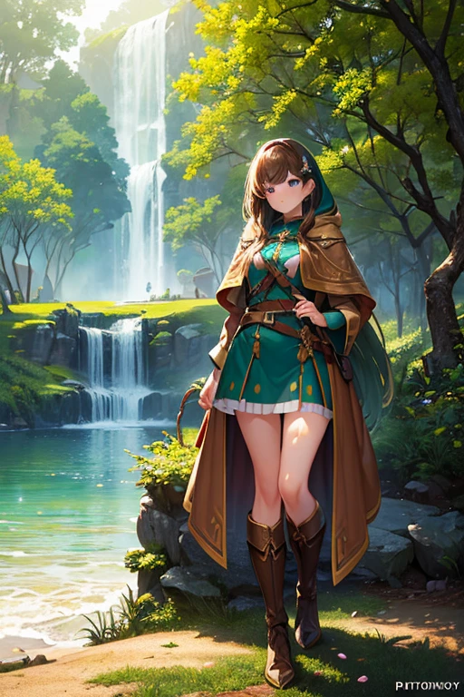 a beautiful young woman with long brown hair, piercing blue eyes, and delicate facial features, wearing a green tunic, brown leather boots, and a hooded cloak, standing in a lush, verdant forest landscape with towering trees, a winding river, and a majestic castle in the distance, (best quality,4k,8k,highres,masterpiece:1.2),ultra-detailed,(realistic,photorealistic,photo-realistic:1.37),detailed fantasy landscape,cinematic lighting,vibrant colors,fantasy,adventure masterpiece, best quality, high quality, Very detailed CG uniform 8k wallpaper, blossoming landscape, dry place,such as an empty desert, dearest, cunning, mono lake, common tree, 3D digital painting, Award-winning photography, Bokeh, Depth of Field, HDR, bloom, Chromatic Aberration, Reality, Very detailed, Popular on artstation, Popular on CGsociety, Wheels within wheels, High Detail, Dramatic, midjourney's Artwork 1Girl, (Dakota:1.0), blue eyes, Pixie Short Hair, blush, Human Resources Bikini (Large Breasts:1.0), (Large areola:1), , (Pure face_V1:0.5) Increase height