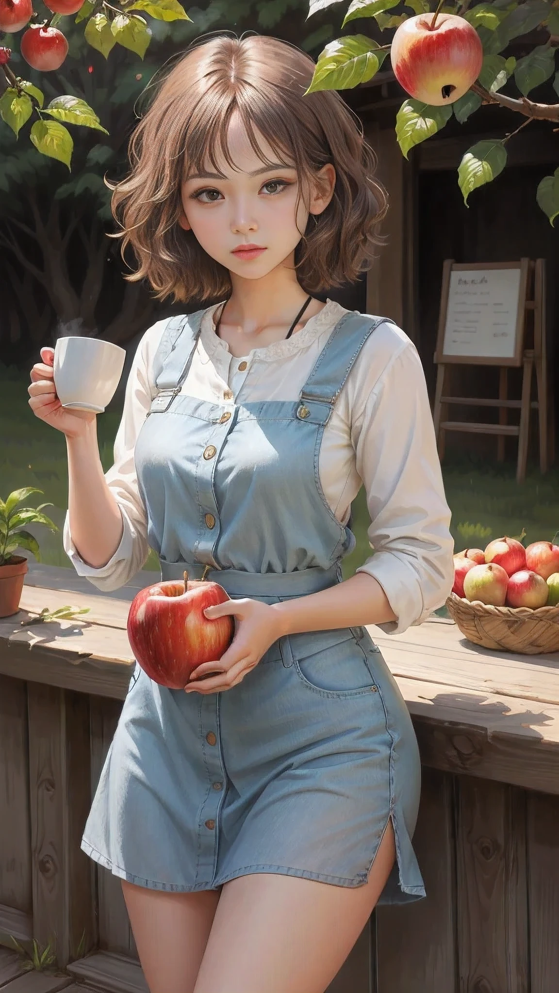 top quality, best quality, High-quality illustrations, masterpiece, super high resolution, detailed background, 1lady 21 years old, Coffee girl, realistic, High quality, coffee, soft light, Natural & Authentic, coffee, short hair, Golden hair, Orchard, fruits, orange, an apple,