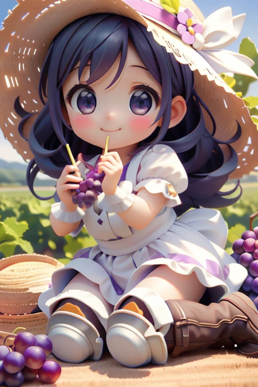 Octane Render、(Hyper Detail:1.15)、(Soft Light、sharp:1.2)、、Morning、Harvesting grapes、Enjoy grape picking、Esbian all over、Straw hat、Farm Boots、 Fujifilm、F/4.0、Mastepiece、Anatomically correct、smile、Shining Light、short、Ice Eating