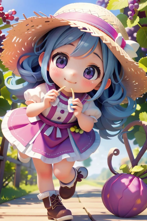 Octane Render、(Hyper Detail:1.15)、(Soft Light、sharp:1.2)、、Morning、Harvesting grapes、Enjoy grape picking、Esbian all over、Straw hat、Farm Boots、 Fujifilm、F/4.0、Mastepiece、Anatomically correct、smile、Shining Light、short、Ice Eating