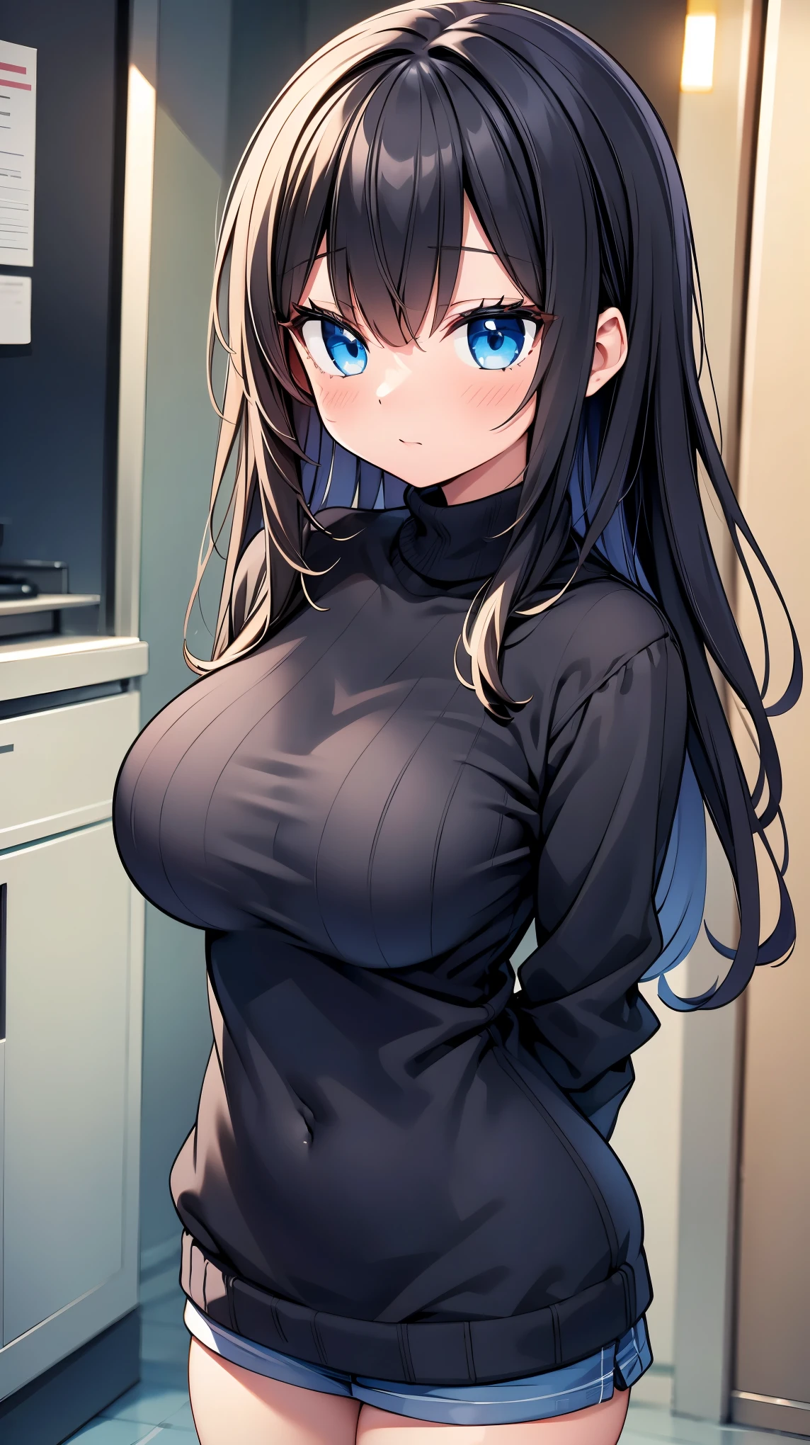 highest quality,wonderful,finely,extremely detailed CG Unity 8K wallpaper,1 Girl, Large Breasts,(Black sweater), Put your arms behind your back, Black Hair, long hair, Blue Eyes,brown, Gal,Waistline