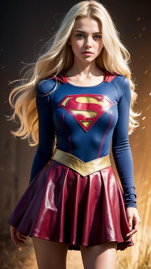 Hyperrealist portrait of a 19 years old supergirl iin transparent supergirl costume) by david hockney and alphonse mucha,fantasy art, photo realistic, dynamic lighting, artstation, poster, volumetric lighting, very detailed face, 8 k, award winning photo,1girl, in the dark, full body, low key, cowgirl shot, (official clothing:1.2) , long hair, blond-white hair, blue eyes