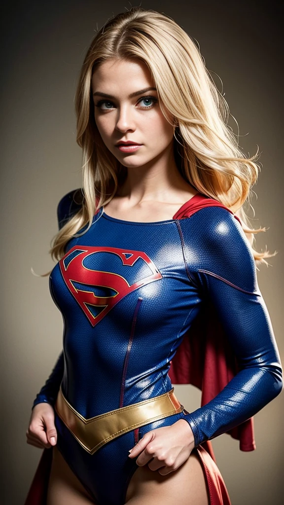 Hyperrealist portrait of a 19 years old supergirl iin transparent supergirl costume) by david hockney and alphonse mucha,fantasy art, photo realistic, dynamic lighting, artstation, poster, volumetric lighting, very detailed face, 8 k, award winning photo,1girl, in the dark, full body, low key, cowgirl shot, (official clothing:1.2) , long hair, blond-white hair, blue eyes
