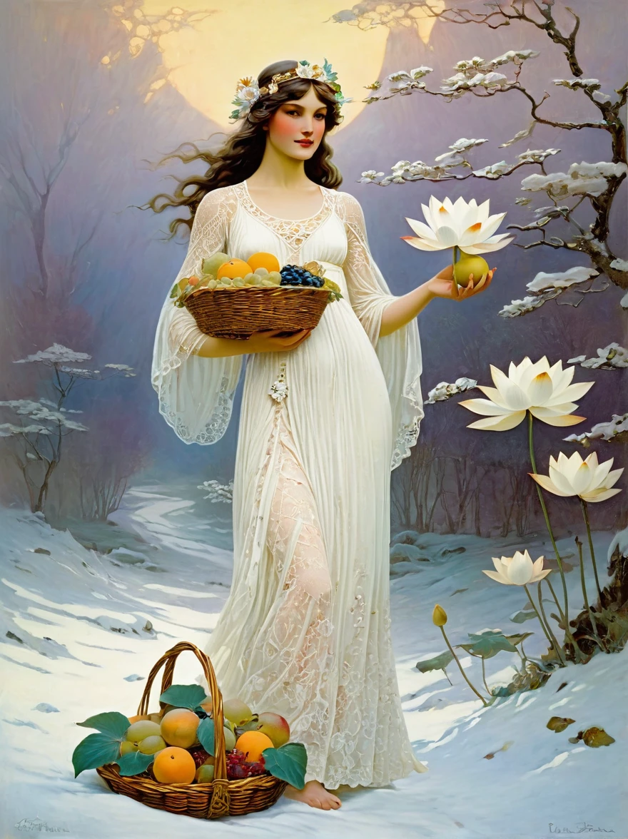 The goddess Fortuna holds a fruit basket woven with white lace，Wearing a white lace dress，There is a pure white snow lotus painted on it，Take a walk in the fruit-filled nature, in the style of Frank Frazetta and Roger Dean, painted in the style of John William Waterhouse and Alphonse Mucha