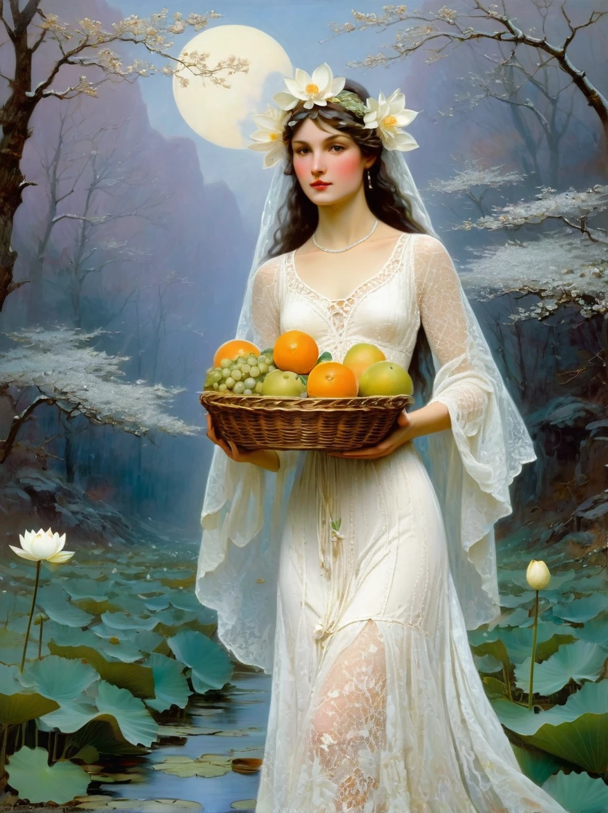 The goddess Fortuna holds a fruit basket woven with white lace，Wearing a white lace dress，There is a pure white snow lotus painted on it，Take a walk in the fruit-filled nature, in the style of Frank Frazetta and Roger Dean, painted in the style of John William Waterhouse and Alphonse Mucha