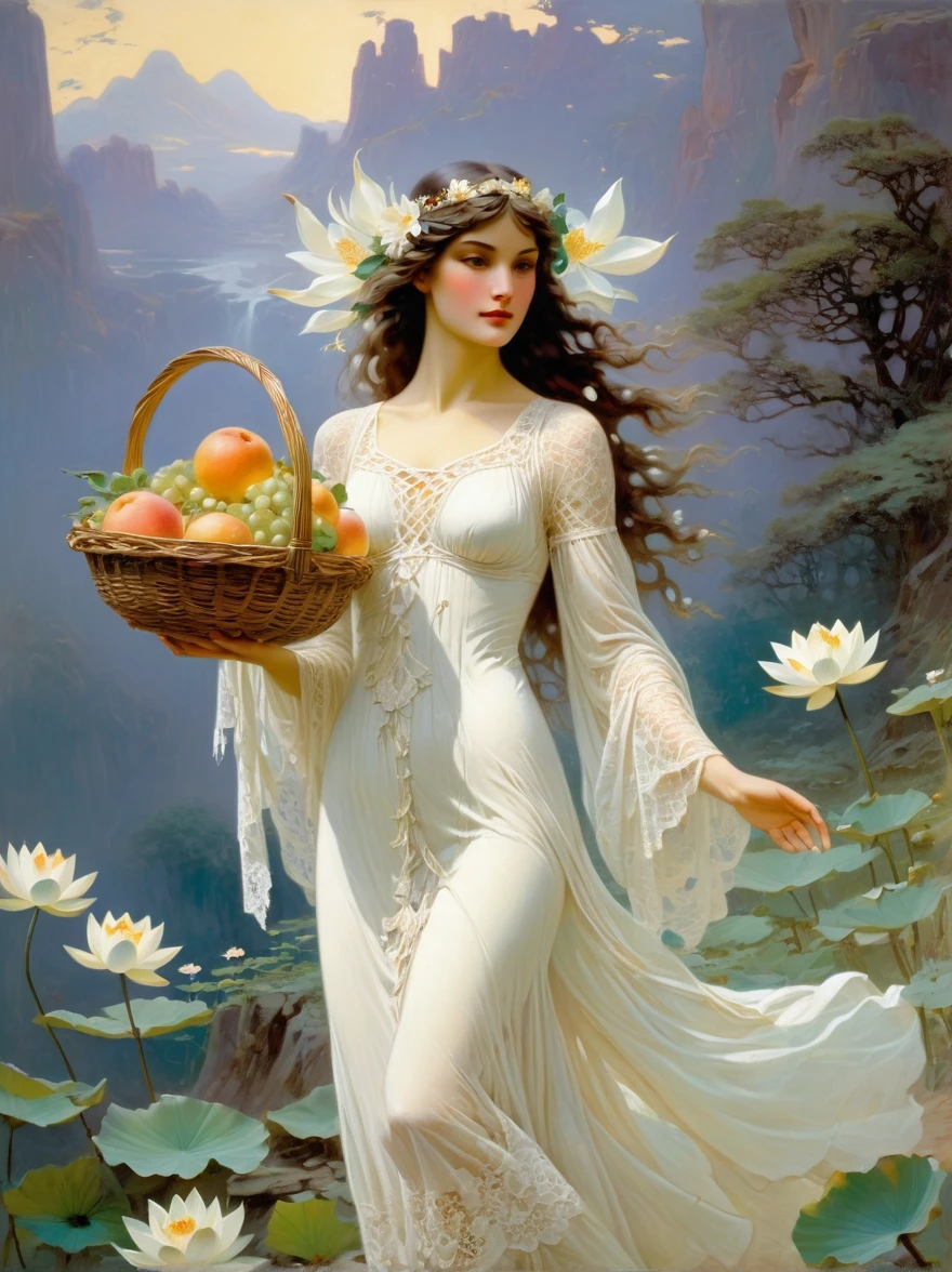 The goddess Fortuna holds a fruit basket woven with white lace，Wearing a white lace dress，There is a pure white snow lotus painted on it，Take a walk in the fruit-filled nature, in the style of Frank Frazetta and Roger Dean, painted in the style of John William Waterhouse and Alphonse Mucha