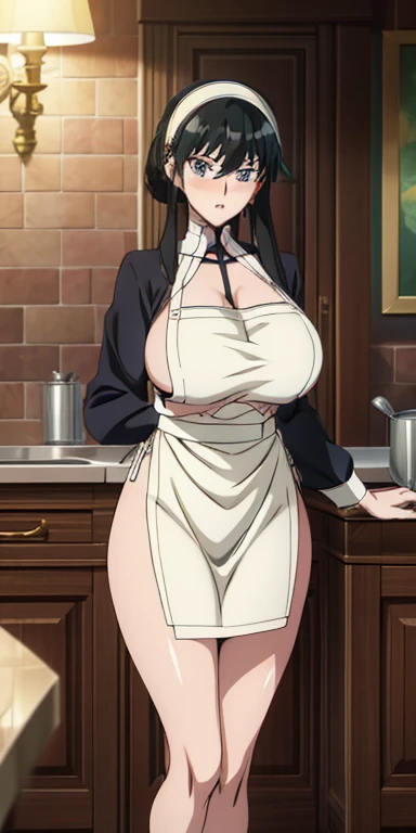 , (masterpiece), (best quality), (ultra-detailed), (extremely detailed cg), (a extremely delicate), (perfect lighting), (8k), (dynamic angle), (sharp image), vibrant colors, female, masterpiece, best quality, depth of field, cinematic lighting, masterpiece, best quality, ultra-detailed, colorful, vibrant, large breasts, thighs, mature female, solo, (masterpiece, best quality, high resolution, animescreencap, anime colored,), (perfect anatomy, beautiful detailed eyes, beautiful detailed body, beautiful breast, shiny skin), a sexy mature anime lady cooking in her kitchen wearing only but apron, shiny thighs, looking at viewer, side bangs, black hair, perfectly detailed eyes, blue eyes,braided ponytail, side bangs, large breasts,perfectly detailed eyes,beauty mole, milf, mature woman, apron, embarrassed, red face, blushing,