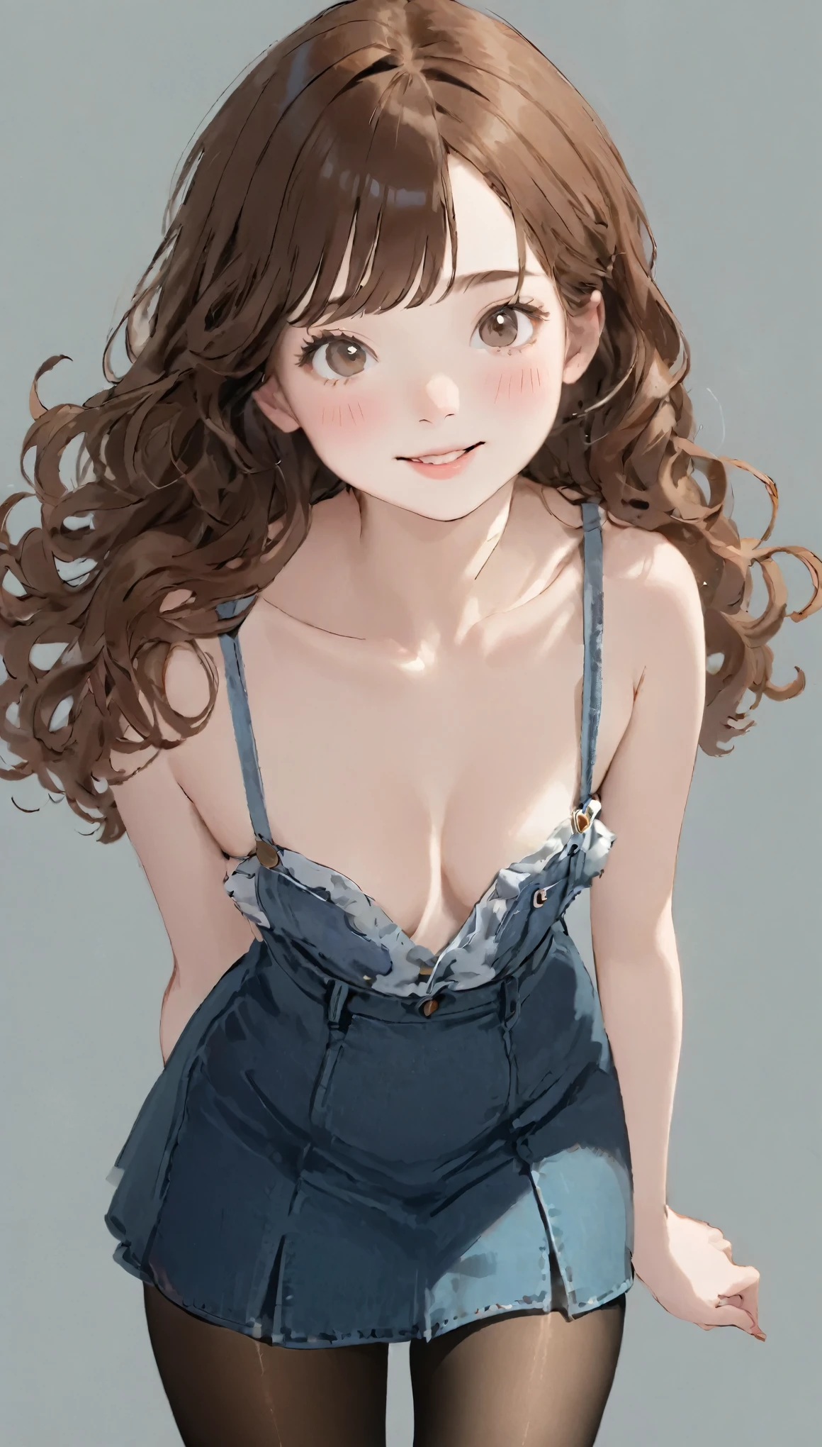 4K, masterpiece, 8k, high quality, 最high quality,10歳のcute少等生, Very white skin, long brown curly hair,a bit,Low length,freckles,Thick eyebrows,Blunt bangs,(Flat Chest) ,feminine, freckles, Tilt, elegant, elegant, cute, smile, cute, Hilarious, belly button, Denim Low Rise Mini Skirt, ((Black Pantyhose)), (Ugly clothes)、((Gray background))