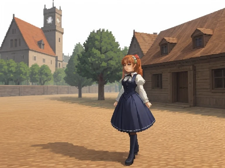  girl, victorian outfit, gothic castle background, playstationretrov2, lowpoly, ps1, pixelated, old graphics, blocky design