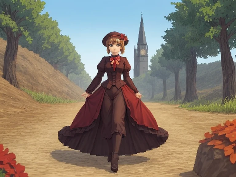  girl, victorian outfit, gothic castle background, playstationretrov2, lowpoly, ps1, pixelated, old graphics, blocky design