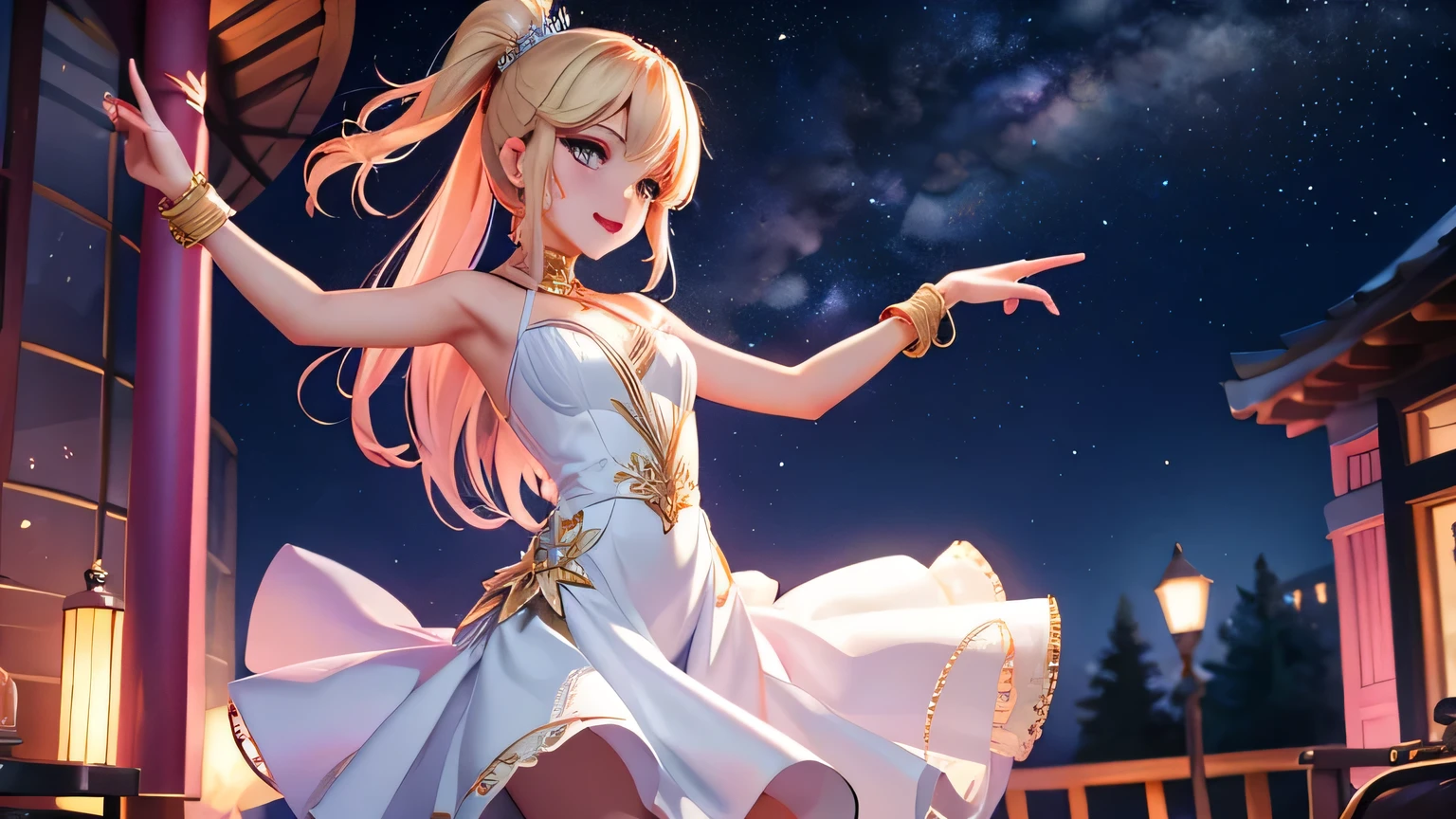Beautiful girl dancing under the stars。