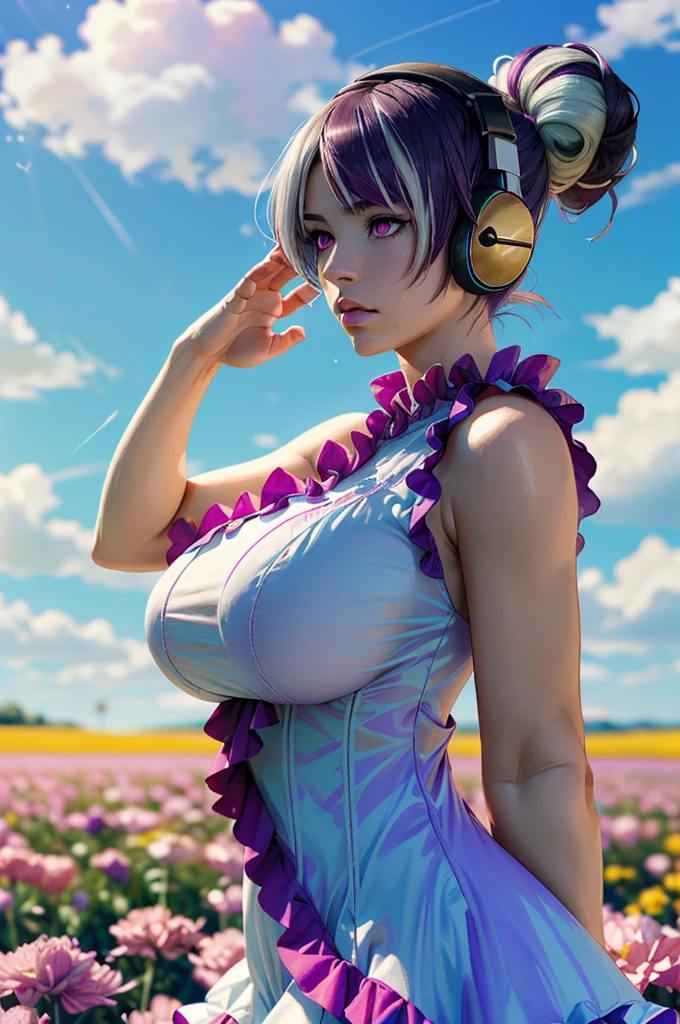 (ultra realistic,32k, masterpiece:1.2),(high detailed skin:1.1),( high quality:1.1),
haehyun kum, hair bun,headphones, (frustrated:1.1),multicolored hair, purple hair, white hair and pink eyes,outside flower field,(layered ruffle dress:1.1), sleeveless,  colorful flowers, sunshine,sky, clouds, blurry background,,fighting pose, (huge breast,large breast:1.1),(lighting:1.1),