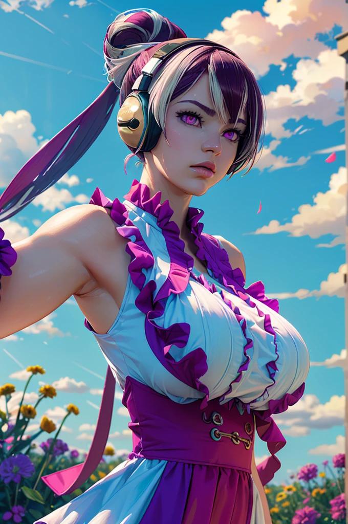 (ultra realistic,32k, masterpiece:1.2),(high detailed skin:1.1),( high quality:1.1),
haehyun kum, hair bun,headphones, (frustrated:1.1),multicolored hair, purple hair, white hair and pink eyes,outside flower field,(layered ruffle dress:1.1), sleeveless,  colorful flowers, sunshine,sky, clouds, blurry background,,fighting pose, (huge breast,large breast:1.1),(lighting:1.1),