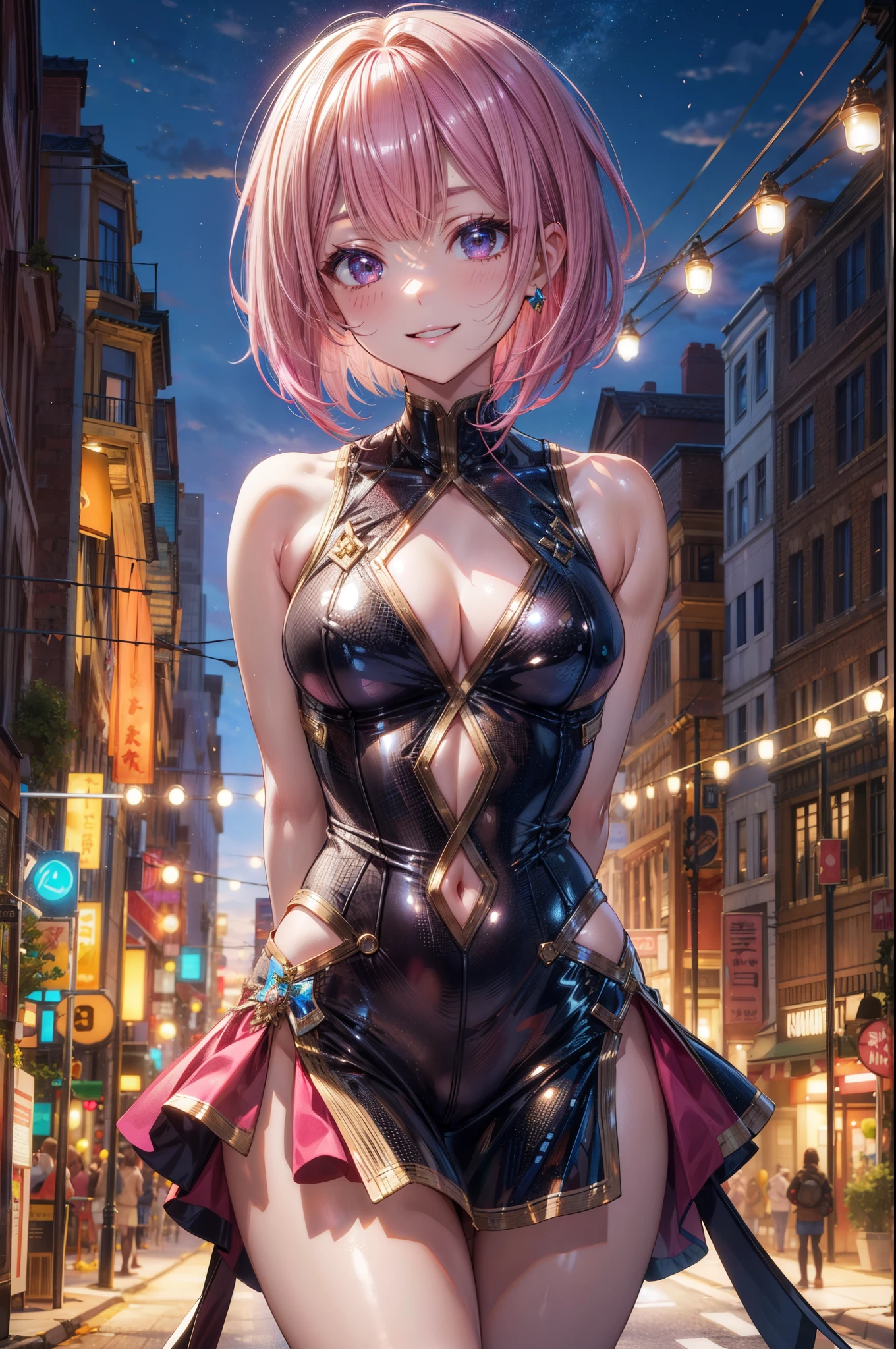 skirt, 4 defined fingers, 1 defined thumb, looking at viewer, solo, 1 woman, 25 years old, AI generated, highest quality, masterpiece, perfect face, 8k , cowboy shot, short hair, (pink hair1.5), bob cut, black eye, (smile), thin thighs, medium breasts, perfect limbs, sexy, (visible nipples:0.8), (camel toe:0.7), ((arms behind back)), ((shiny costume)),