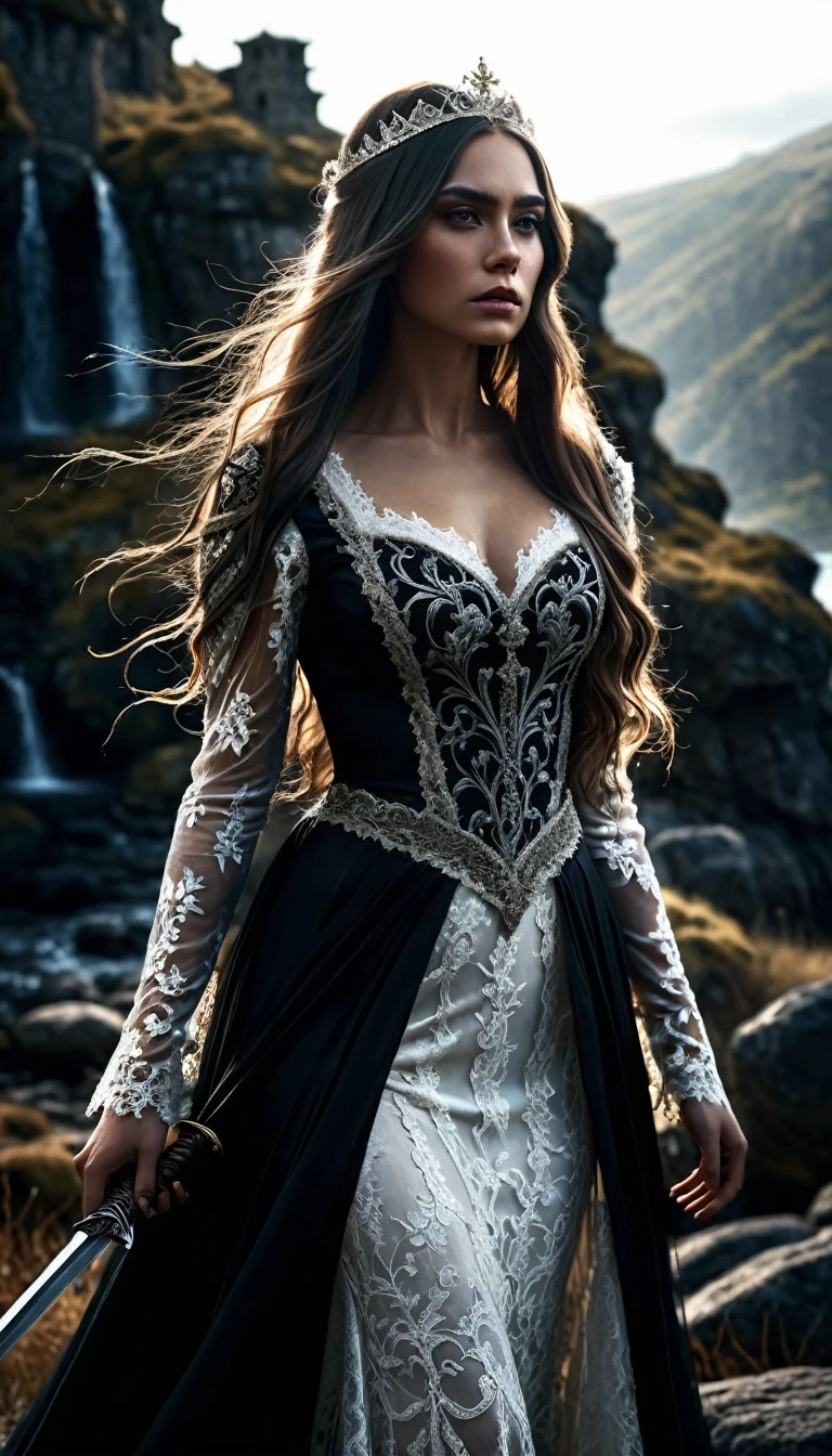 a dark fantasy princess, dark dress with lots of white lace, extremely  detailed, moody expression, dark chiaroscuro lighting, detailed intricate dress, long flowing hair, sword in hand, dark fantasy landscape, dramatic lighting, cinematic composition, photorealistic, ultra-detailed, 8k, best quality, masterpiece