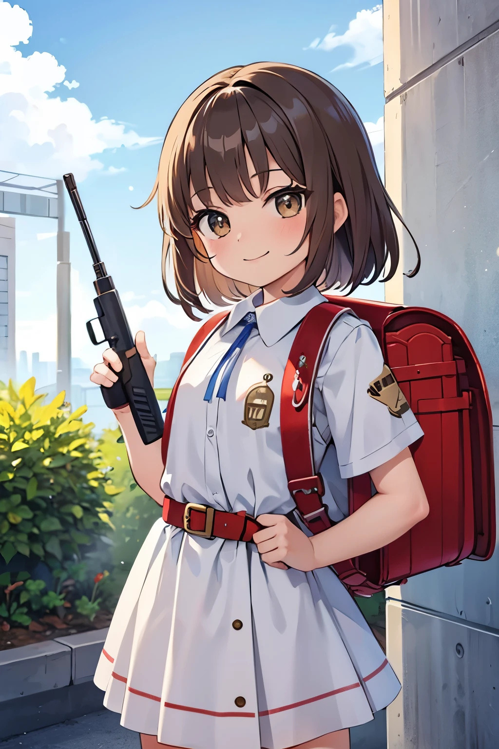 Masterpiece, hd, 1girl, 10 y.o, cute girl, brown hair, brown eyes, smile, wearing military helmet, (helmet'1.0), wearing white cute dress, wearing bullet proof armor, (bulletproof armor:1.1), holding weapon ,pistols, (pistol:1.0), wearing school backpack, red backpack, (backpack:1.1), standing, outdoor 