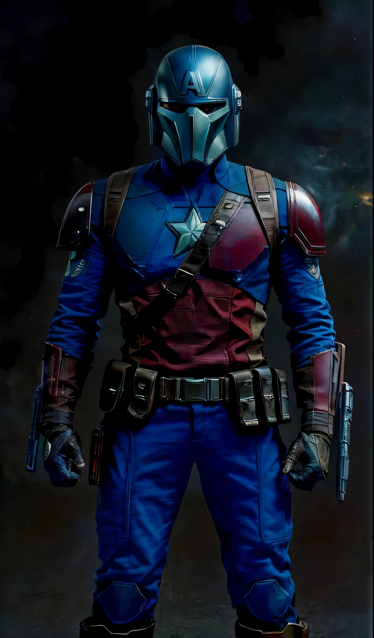 An ultra-realistic and extremely detailed portrait of Captain America as a Mandalorian, wearing a helmet that combines the winged design and the letter A of his classic mask with the T-shaped format of the traditional Mandalorian helmets. O reflexo do capacete mostra a intensidade da batalha ao seu redor, with explosions, lasers e naves espaciais. He holds his iconic shield, which now has a mix of vibranium and beskar steel, reflecting the world around him on its polished surface. His posture is vigilant and ready for combat. The backdrop is a dark and smoky battlefield, under a cloudy sky, como se fosse renderizado pelo Unreal Engine 5, giving a tangible sense of imminent danger and high stakes. This piece has an anime influence, inspirado no modelo Niji, adicionando uma borda estilizada ao hiper-realismo. The portrait orientation with a ratio of 9:16 completes the epic composition. QUEBRAR