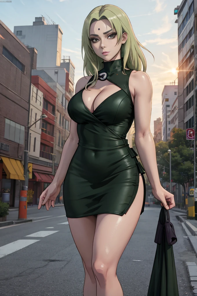 anime woman wearing dark green mini dress,((wrap dress)),(v shaped cleavage),(sleeveless),thigh exposed,tsunade from naruto,(hourglass body),(large breasts),(slender legs)seductive expression,dynamic pose,in city street,daytime,BREAK,((masterpiece,best quality,hyper detailed),realistic anime 3 d style,beautiful,8k wallpaper,refined details,high-quality rendering,profesional photograph,profesional lighting,soft and warm anime,detailed eyes,perfect face,perfect anatomy