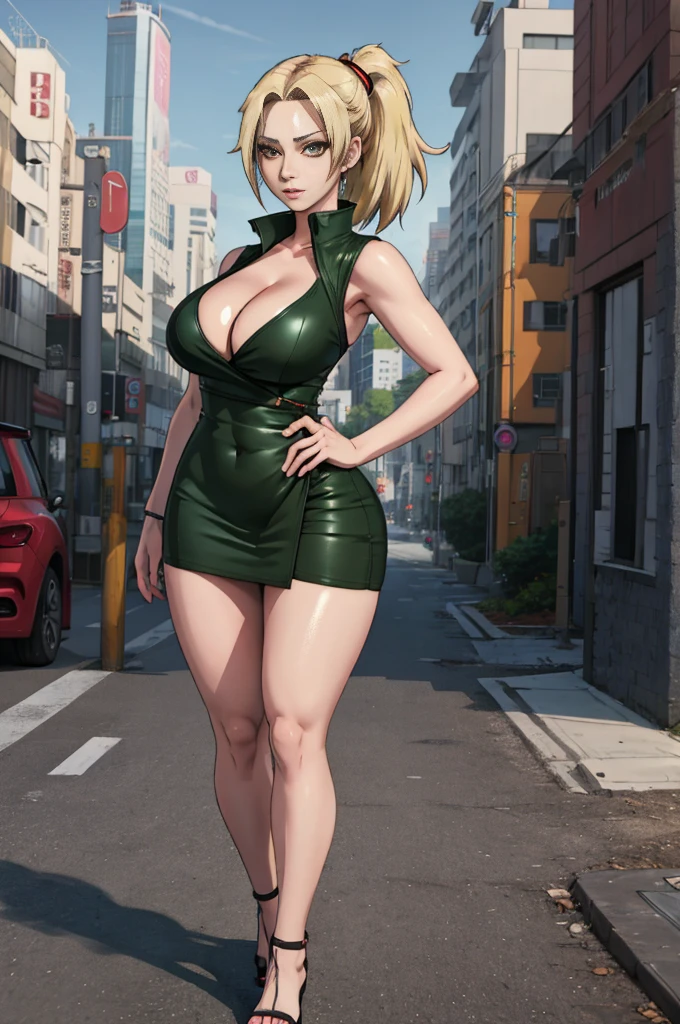 anime woman wearing dark green mini dress,((wrap dress)),(v shaped cleavage),(sleeveless),thigh exposed,tsunade from naruto,(hourglass body),(large breasts),(slender legs)seductive expression,dynamic pose,in city street,daytime,BREAK,((masterpiece,best quality,hyper detailed),realistic anime 3 d style,beautiful,8k wallpaper,refined details,high-quality rendering,profesional photograph,profesional lighting,soft and warm anime,detailed eyes,perfect face,perfect anatomy