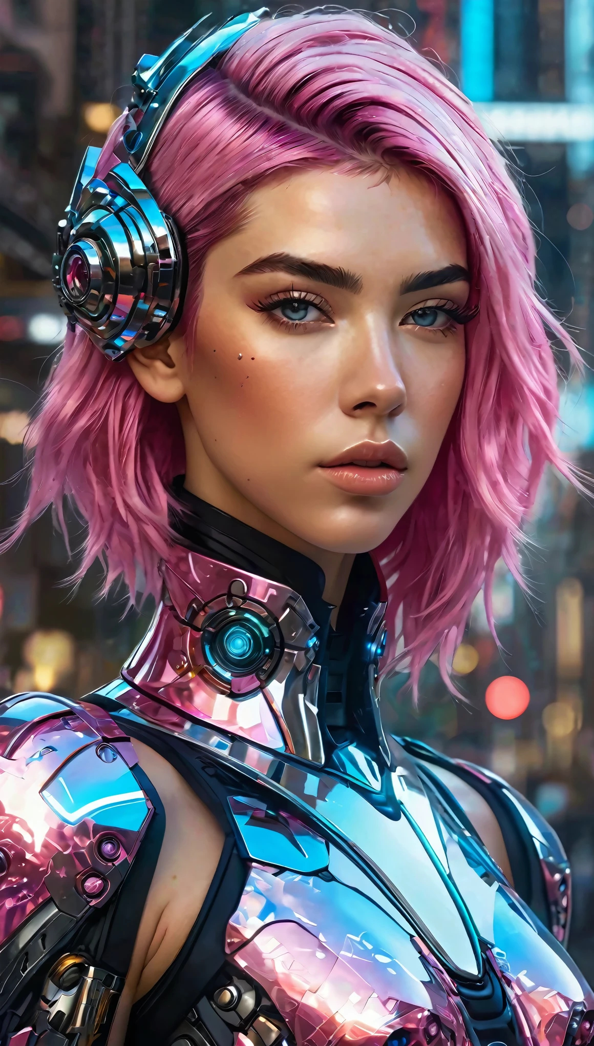 8k portrait of beautiful (cyborg) with pink hair, (Dua Lipa) , mecha musume scifi body suit, pauldrons, intricate, elegant, highly detailed, majestic, digital photography, art by artgerm and ruan jia and greg rutkowski surreal painting reflective, hairpin jewel, broken glass, (masterpiece, sidelighting, finely detailed beautiful eyes: 1.2), hdr,