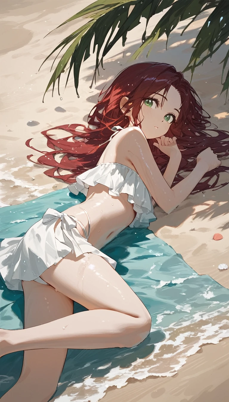 masterpiece, best quality, score_9, score_8_up, score_7_up, source anime, perfect anatomy, rating safe, absurdity, 1girl, beach, sand, white bikini, strawhat, sunglass, lying, on side, burgundy hair, wet hair, green eyes, 