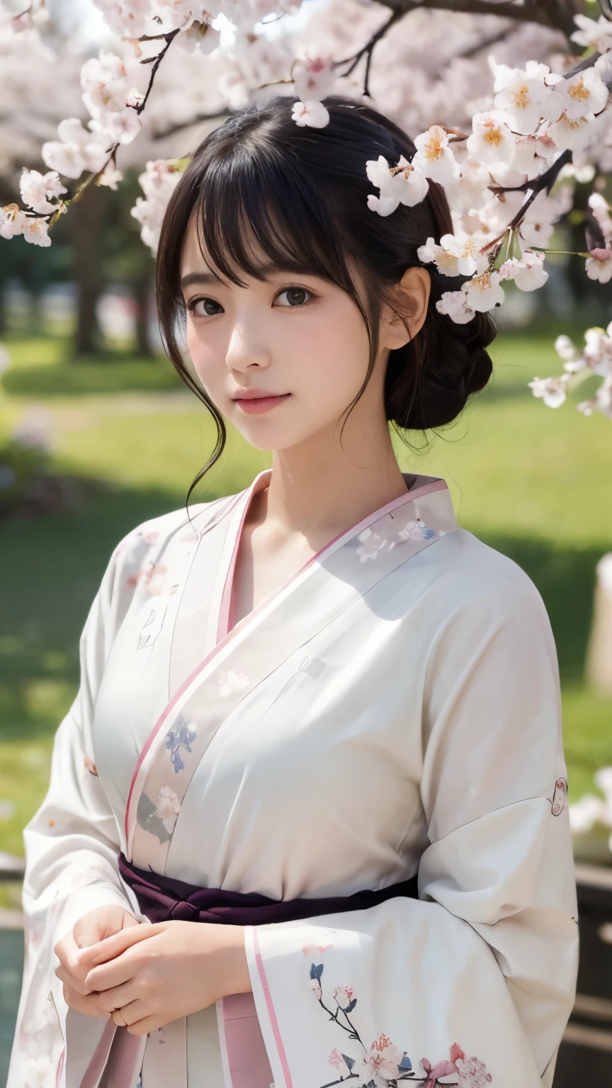 (logo、masterpiece、8k、Tabletop、RAW Photos、wonderful、最high quality、Realistic、Very detailed CG 統合 8k 壁紙、high quality、Very detailed、narrative poem、Particle Effects、Dynamic Effects、Depth of written boundary、Cinematic Light、Lens flare、Ray Tracing)、Fantasy、 (1 beauty、White kimono、Japanese clothing、White cherry blossom pattern、White cherry blossom embroidery pattern、Black-haired、Beautiful Face、True Face、Beautiful details in the eyes、Beautiful Skin)、Hair flutters in Wind、Hair bounces、Pink cherry blossom tree、Petals flutter、SakuraFubuki、wonderful景色、Morning Glow、Sun in the background、Wind、god々、tooth、god話、Vast land、