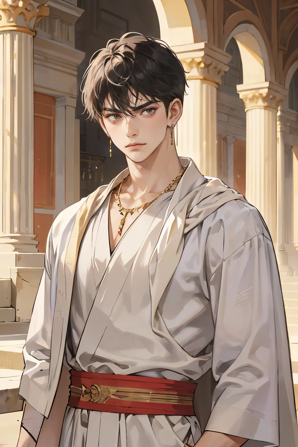 1 boy, looking at viewer, wearing an ancient Roman toga, ancient Greek clothing, Roman aristocracy, Gold jewelry, earrings, necklaces, frowning, Silk robes, Roman architecture, upper body