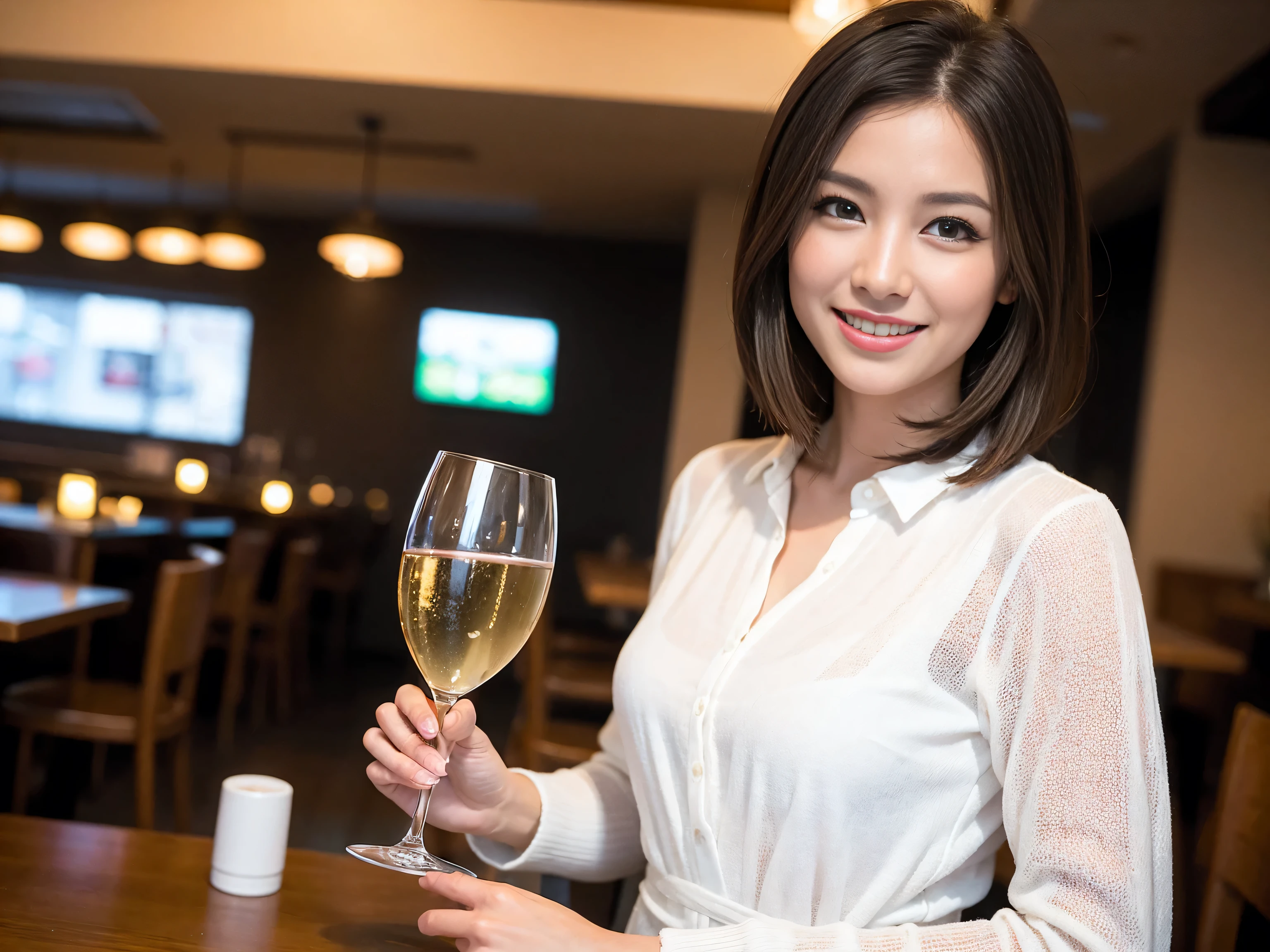 ((highest quality、8k、masterpiece:1.3))、1 male、1 female、Couple、Spouse、Couple、The body is slim、((Bob Hale、Straight hair:1.2)), (Realistic, Intricate details:1.2), Wine glass on the table、Put the light on your face、 Amazing view of the sunset sky and clouds、Amazing mountain views、A bright smile、The wonderfulness of smile、Bright image、The beauty of wine, Beautiful Face, blue eyes, The light shines on your face, Blushing, short hair,Bright Face、 (Age 37), 39 years old, red wine 、Appetizers、Italian food、Wine bottle、Champagne、sparkling wine、Two beauties、Brown Hair、Shortcuts、Long sleeve shirt、dress、Pretty Woman 1, (Slim face), (The body is slim), (Brown Hair), (Shortcuts), cheeks turn a little red,Attractive beauty、restaurant, In a prominent place (From the waist up) Nova Frog Style, actress, model, Upper Body, White wine, slim, wine glass, A wine glass placed in the center, smile, (smile: 1.15), Beautiful fine grain, Depth f/2,saturation, High Contrast, Strong light and shadow,Moist Body:1.5、3D texture、Delicate eyes、Brown Hair、The hair is very shiny、
