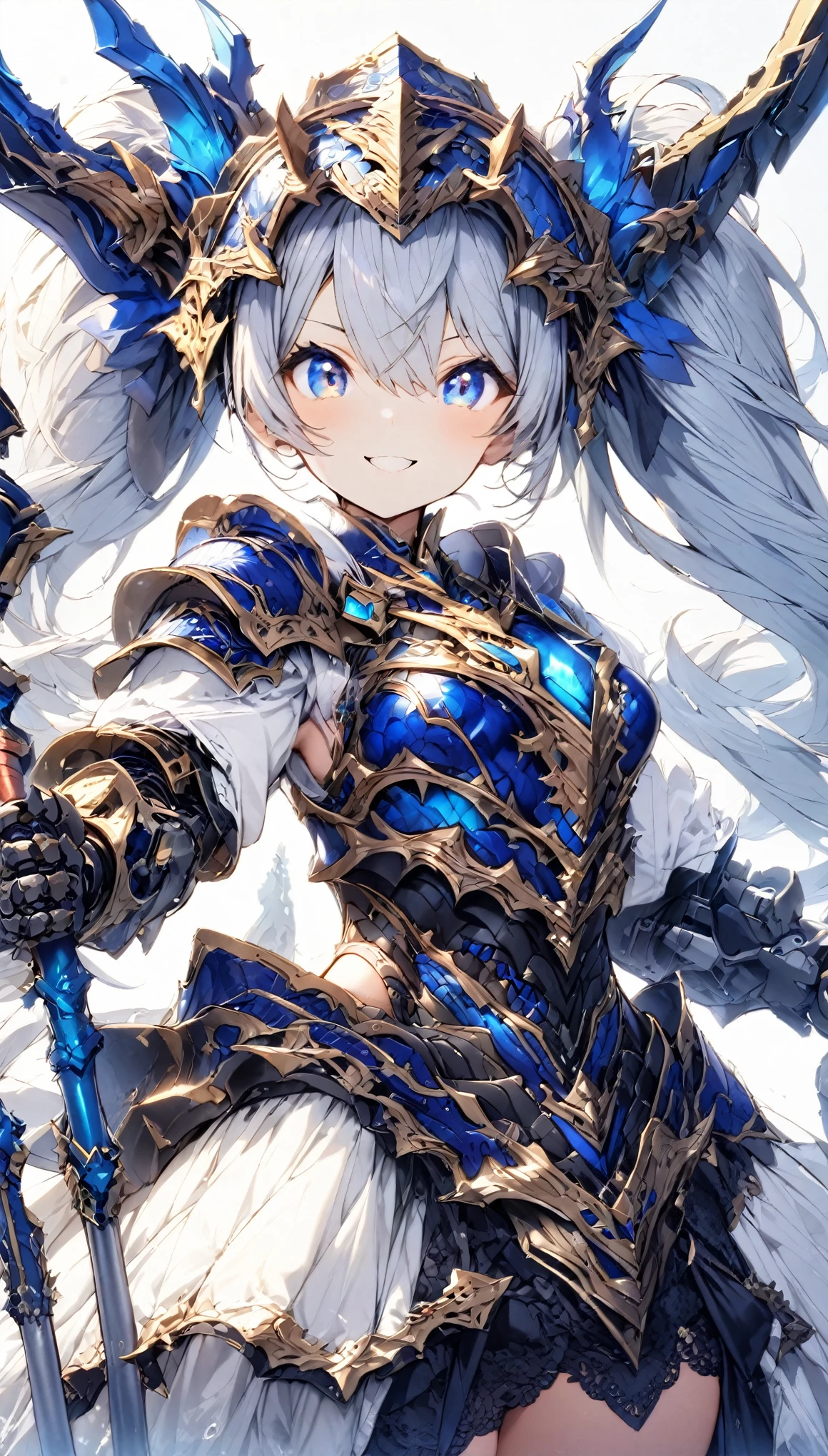 score_9, score_8_up, score_7_up, best quality ,masterpiece, 4k, Japanese anime, 1girl, (white skin:1.2), navy blue hair, twin tails, blue ribbon, (mechanical dragonhorn:1.5), (mechanical wing:1.2), (eye lashes:1.3), (eye shadow:1.3), blue eyes, (beautiful detailed eyes:1.4), (laugh:1.2), 130cm tall, original character, fantasy, (white background:1.2), beautiful fingers, standing, (blue black lace frill armor dress:1.5), (mechanical headdress:1.5) , shoot from front, looking at viewer ,