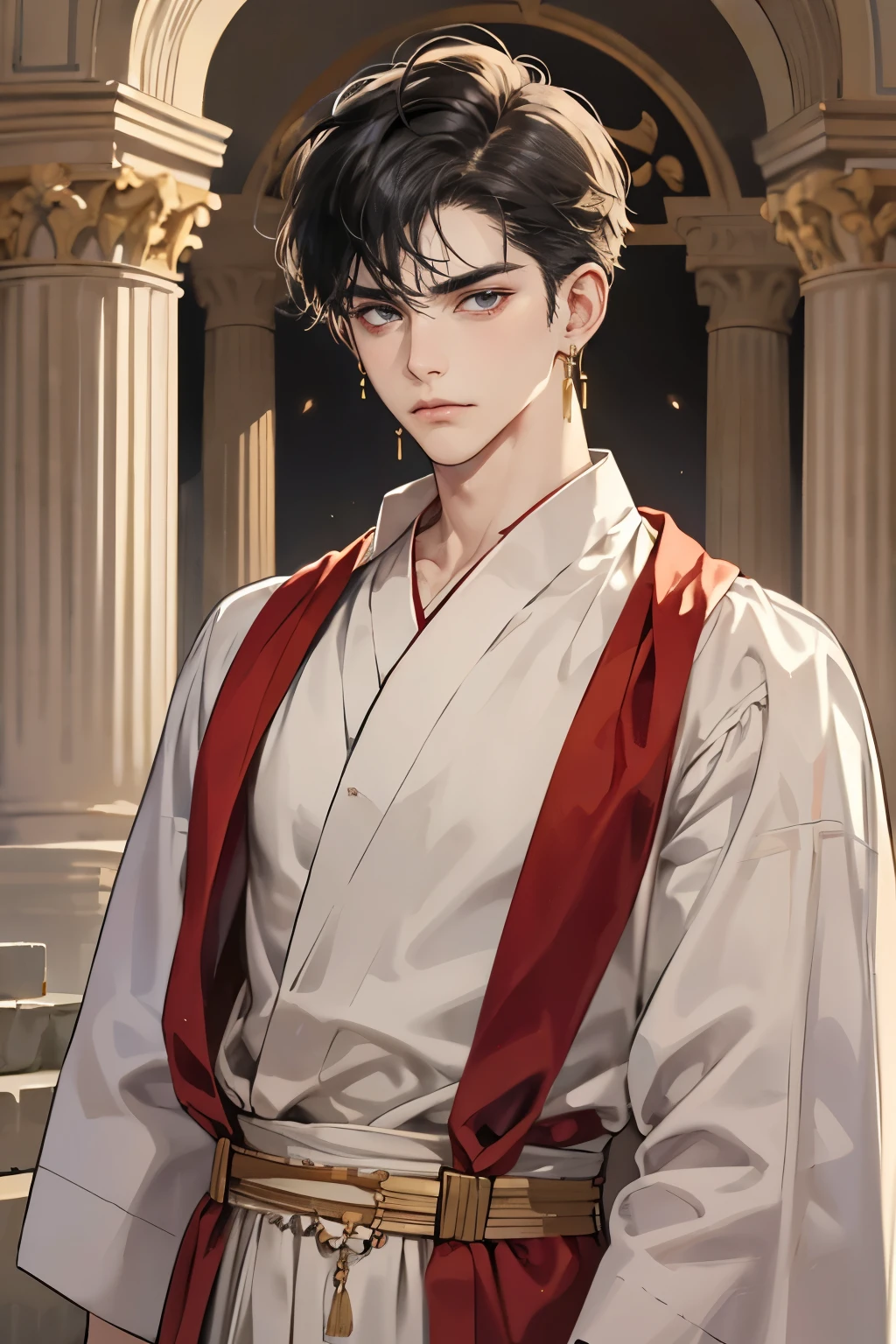 1 boy, looking at viewer, wearing an ancient Roman toga, ancient Greek clothing, Roman aristocracy, Gold jewelry, earrings, necklaces, frowning, Silk robes, Roman architecture, upper body