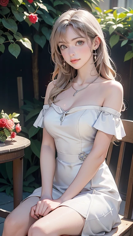 (smile)、Young Female 1、pretty girl、(Narrow eyes、blue eyes、nose、Your lips are beautiful)、(smile)、Big Breasts、Focus on the arms、Focus on the hands、Focus on your fingers、Silver blonde medium long、Smooth Skin、(White Dress、Strapless dress)、Off the shoulder、Earrings、necklace、 Natural beauty、Outdoor、garden、blue sky、(Rose Garden、Red and white)、Scenery of a park with seasonal flowers in full bloom、There are chairs and a table、Knee-high shot, Looking at the audience、( highest quality、High resolution, 8k, masterpiece),