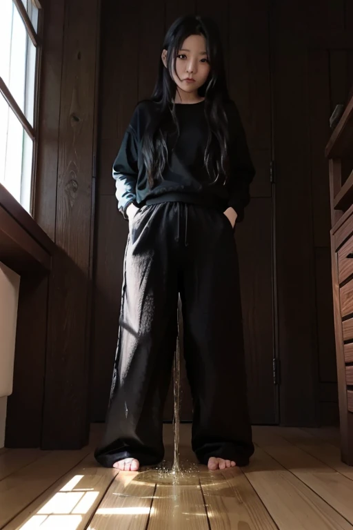 Japanese Girl sees the ghost and pees her black palazzo pants until her pants are wet in fright.