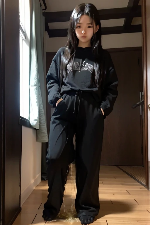 Japanese Girl sees the ghost and pees her black palazzo pants until her pants are wet in fright.