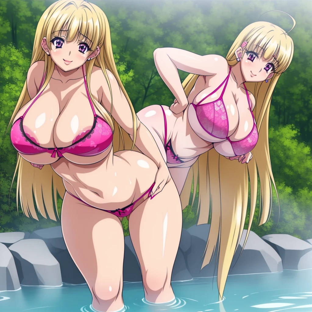 Akeno Himejima, 1girl, (((bimbo))), long blond gray hair, purple eyes, ear rings, (((bimbo))), puffy lips, painted lips, thick lips, smile face, wide hips, thick thighs, tight pink bikini, huge round ass, huge natural Hitomi Tanaka breasts, fishnet, full body, in the hot spring, pull bra