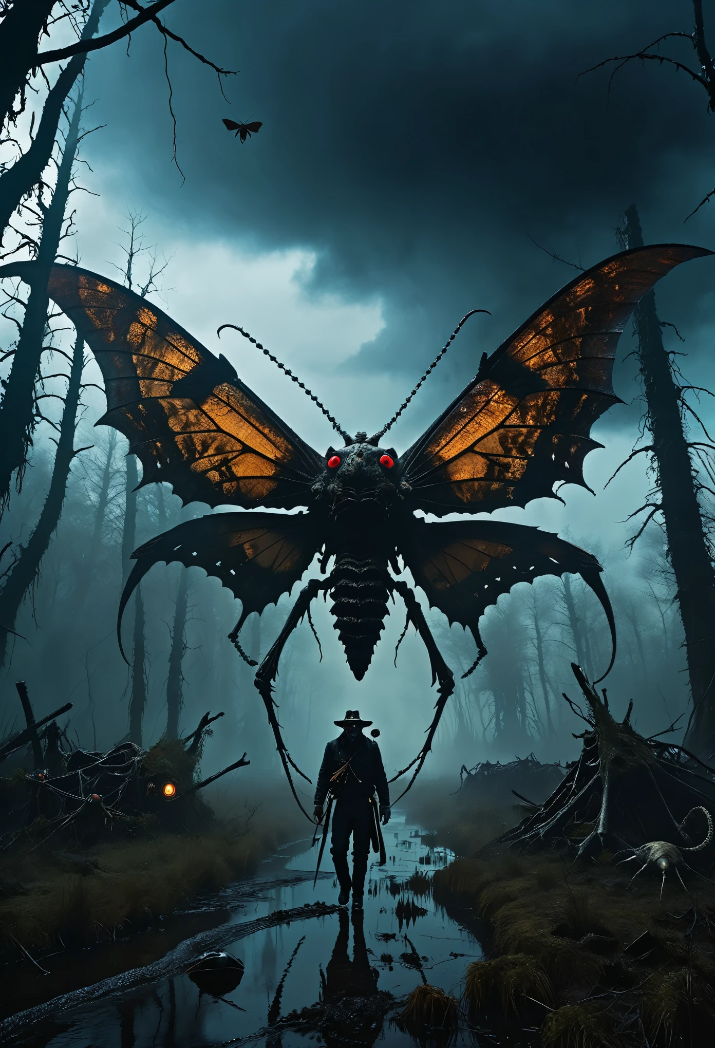 A horrific giant moth-like creature with a carapace made of skeletons and the rotting flesh of unknown creatures flew out of the swamp with grotesque limbs and huge insect eyes, A weak human on the run, steampunk dark horror fantasy, ominous landscapes, radioactive world, ruined theme, lots of toxic dust, amazon, full body length, Fearful, abhorrent, Big Scary Creature,large animals, eerie atmosphere, ethereal presence, toxic mists, supernatural entities, sinister aura, dark and twisted branches, macabre elements, eerie and ominous lighting,Complicated detail, captivating creation, intricate details, extremely detailed, masterpiece, intricate details, eyes extremely detailed, high detailed eyes,32k resolution, Nikon Z9, After tsunamis, Simon Stalenhag, Gareth Edwards, Nicola Samori, horror movie, Monster Movie, cinematic look, creepy aesthetic, ultra detailed, photorealistic, masterpiece.