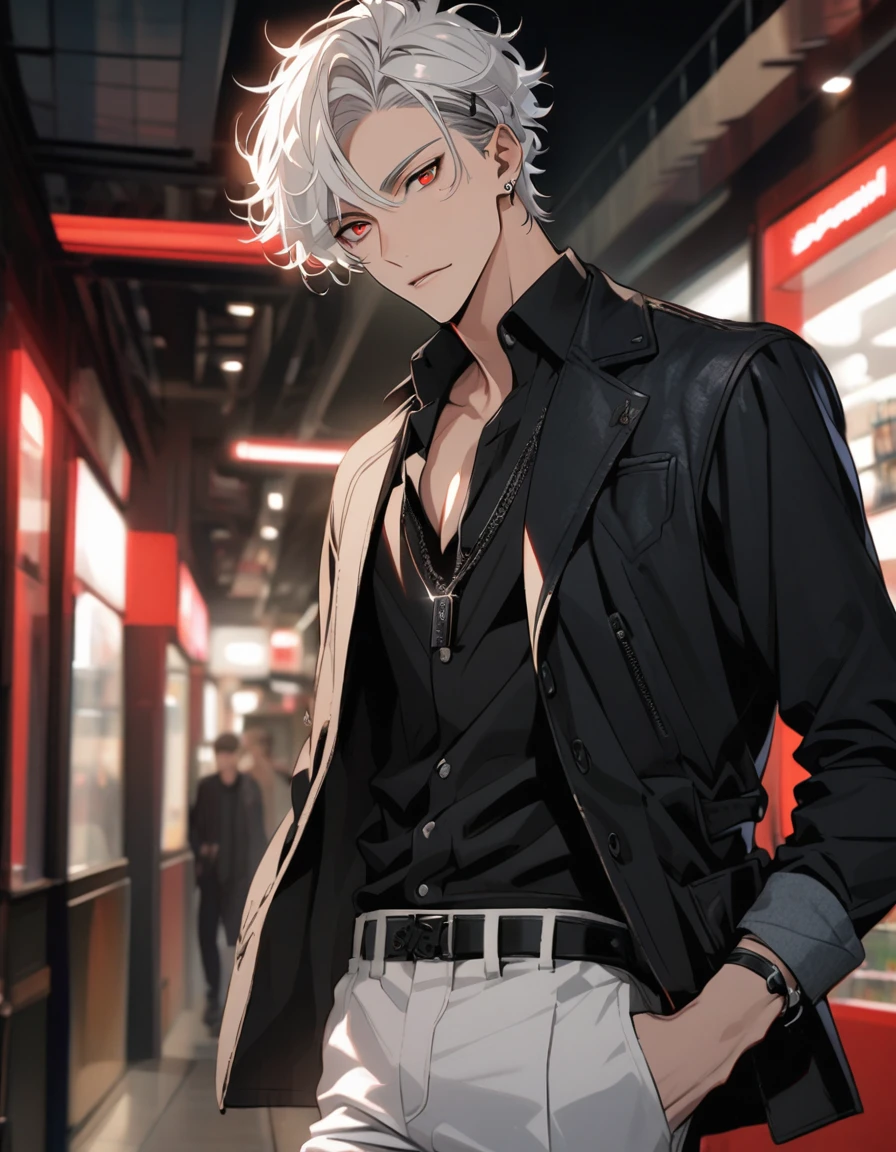 white hair, red eyes, modern, handsome boy, dark