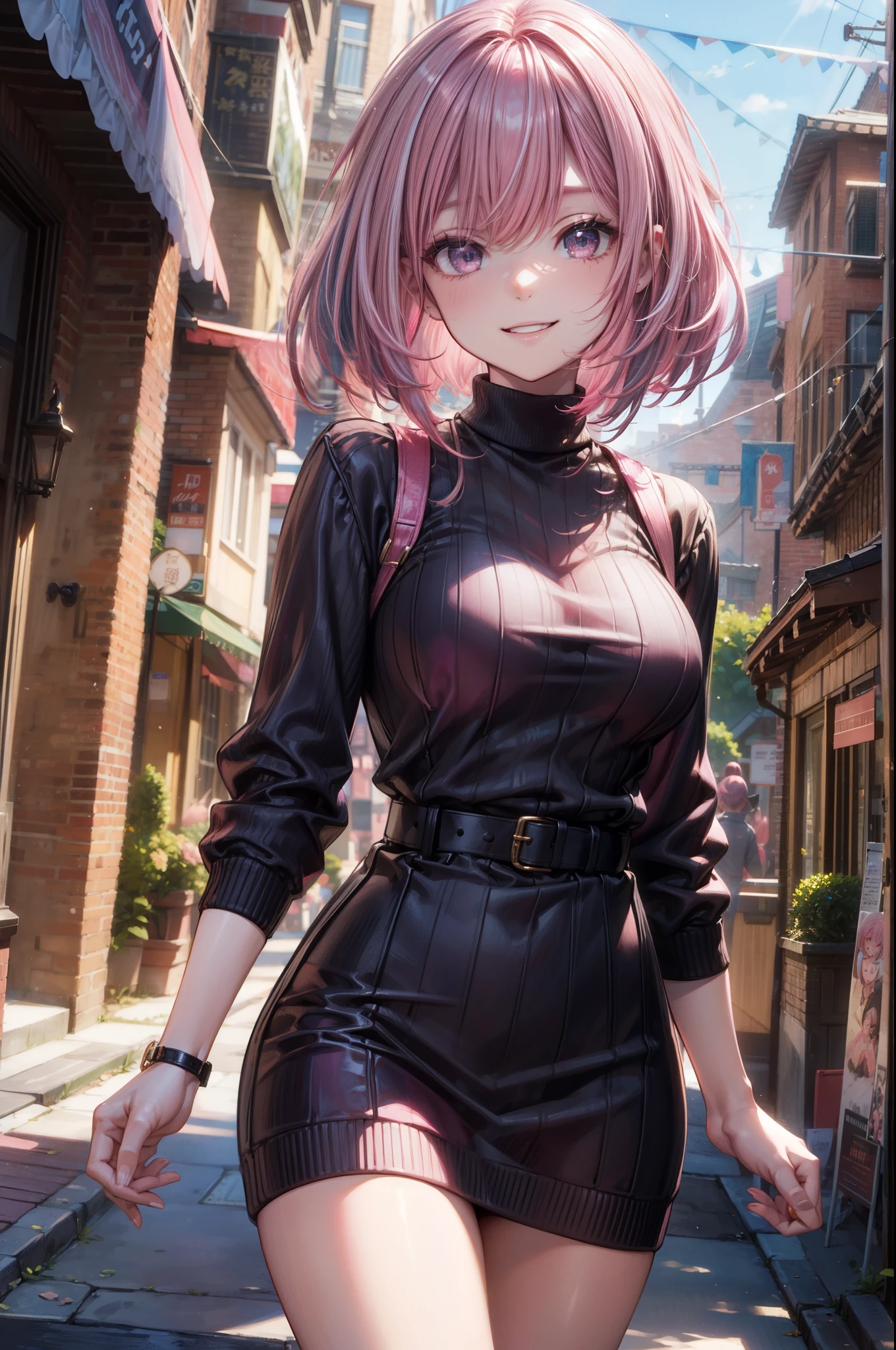 ((black sweater dress)), 1 defined thumb, looking at viewer, solo, 1 woman, 25 years old, AI generated, highest quality, masterpiece, perfect face, 8k , cowboy shot, short hair, ((pink hair:1.5)), bob cut, black eye, (smile), thin thighs, medium breasts, perfect limbs, sexy, (visible nipples:0.8), (camel toe:0.3), ((arm at side)), (()), bright daytime,