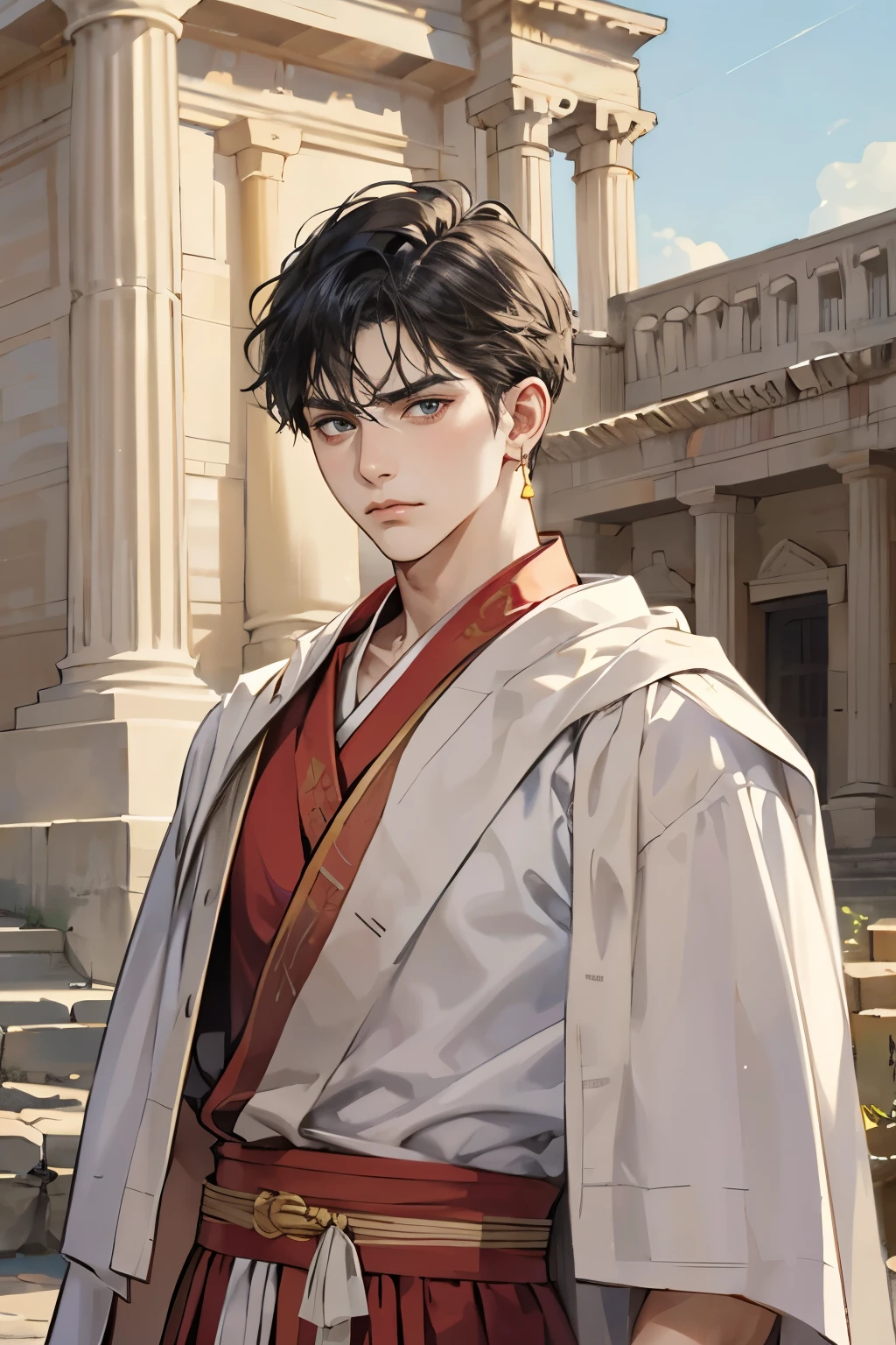 1 boy, looking at viewer, wearing an ancient Roman toga, ancient Greek clothing, Roman aristocracy, Gold jewelry, earrings, necklaces, frowning, Silk robes, Roman architecture, upper body