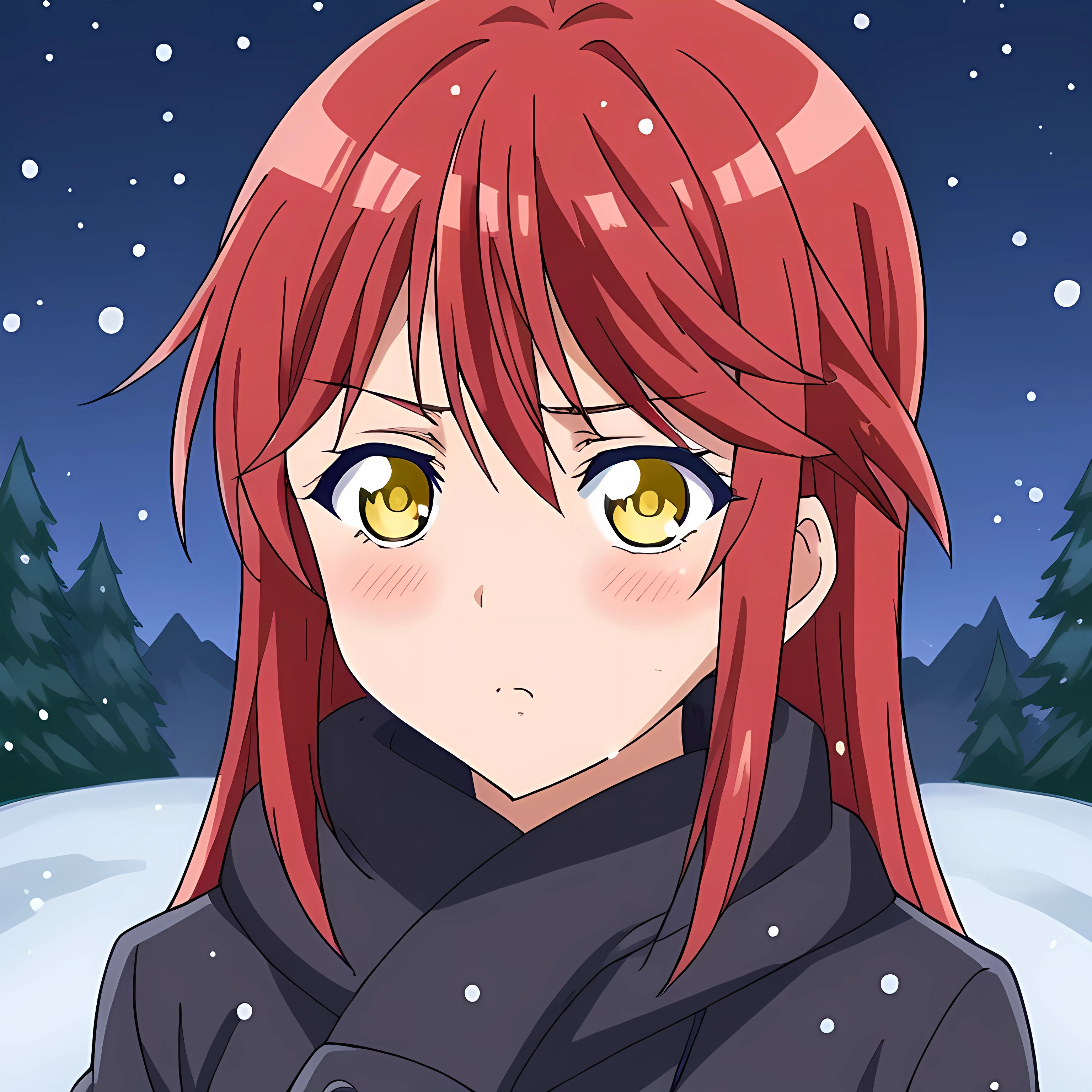  source_anime, long hair, yellow eyes, red hair, in the snow, at night, snowing, shivering from the cold

solo icon 