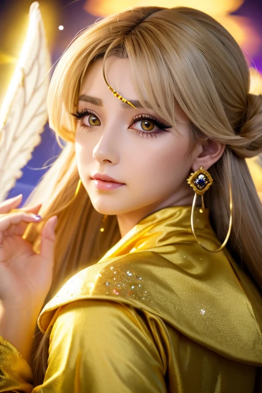((highest quality)), ((masterpiece)), (detailed), Perfect Face,kind,Healing,Alluring,fortune teller,Fantastic,vivid,Long Hair,front,Gal,Flashy hair,Wizard,Anime style robe,Yellow Eyes,Eyelashes,crystal,(yellow),Angel Wings,Large earrings,crystal,crystalのティアラ,Gold Cane